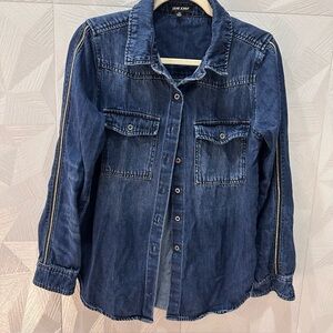 Anthropologie Dear John Denim Shirt Shacket Jean Jacket Silver Sleeve Detail XS
